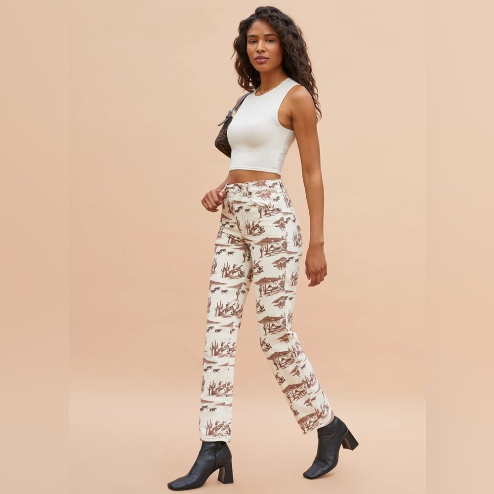 Reformation Cream and Brown Printed High-Rise Jeans